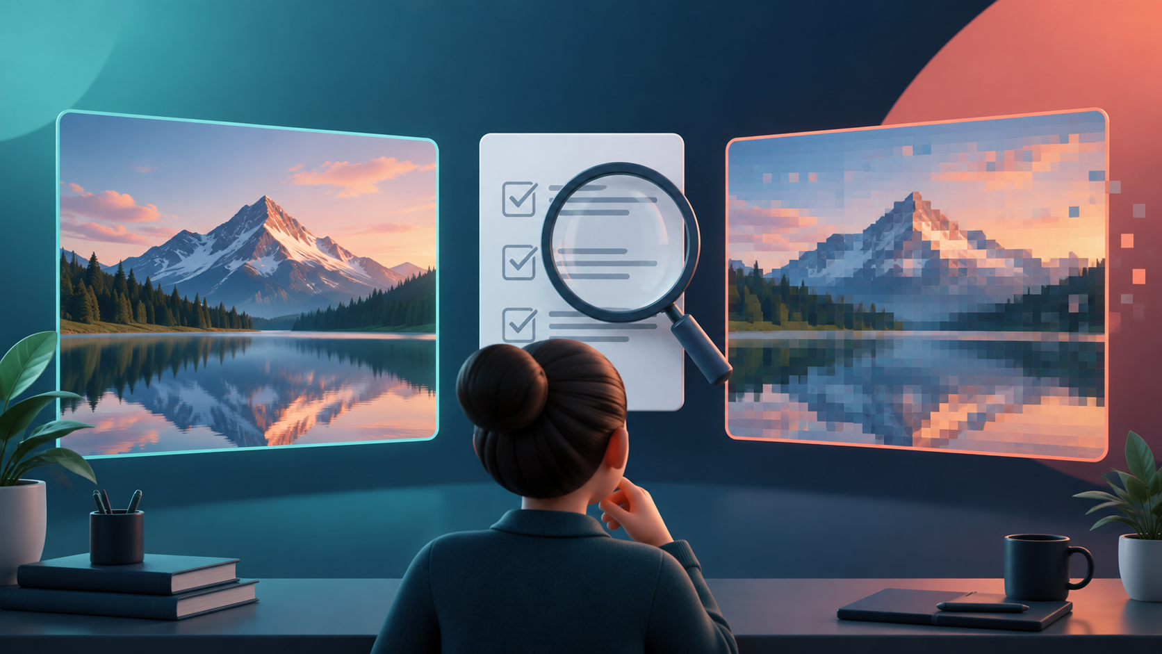 Editorial illustration comparing an intact video frame, a heavily compressed copy, and a cautious evidence checklist