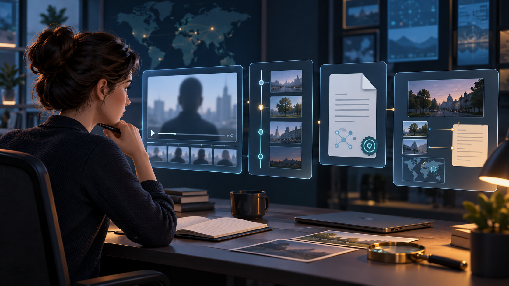 Editorial illustration of a reviewer comparing video frames, source history, and a cautious evidence checklist