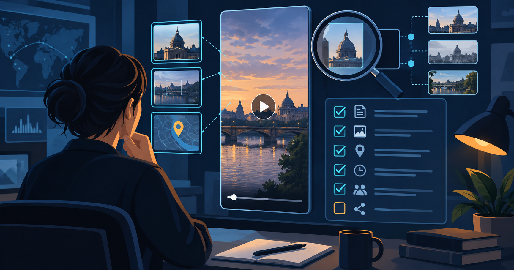 Editorial illustration of a reviewer checking a vertical social video against source context and an evidence checklist