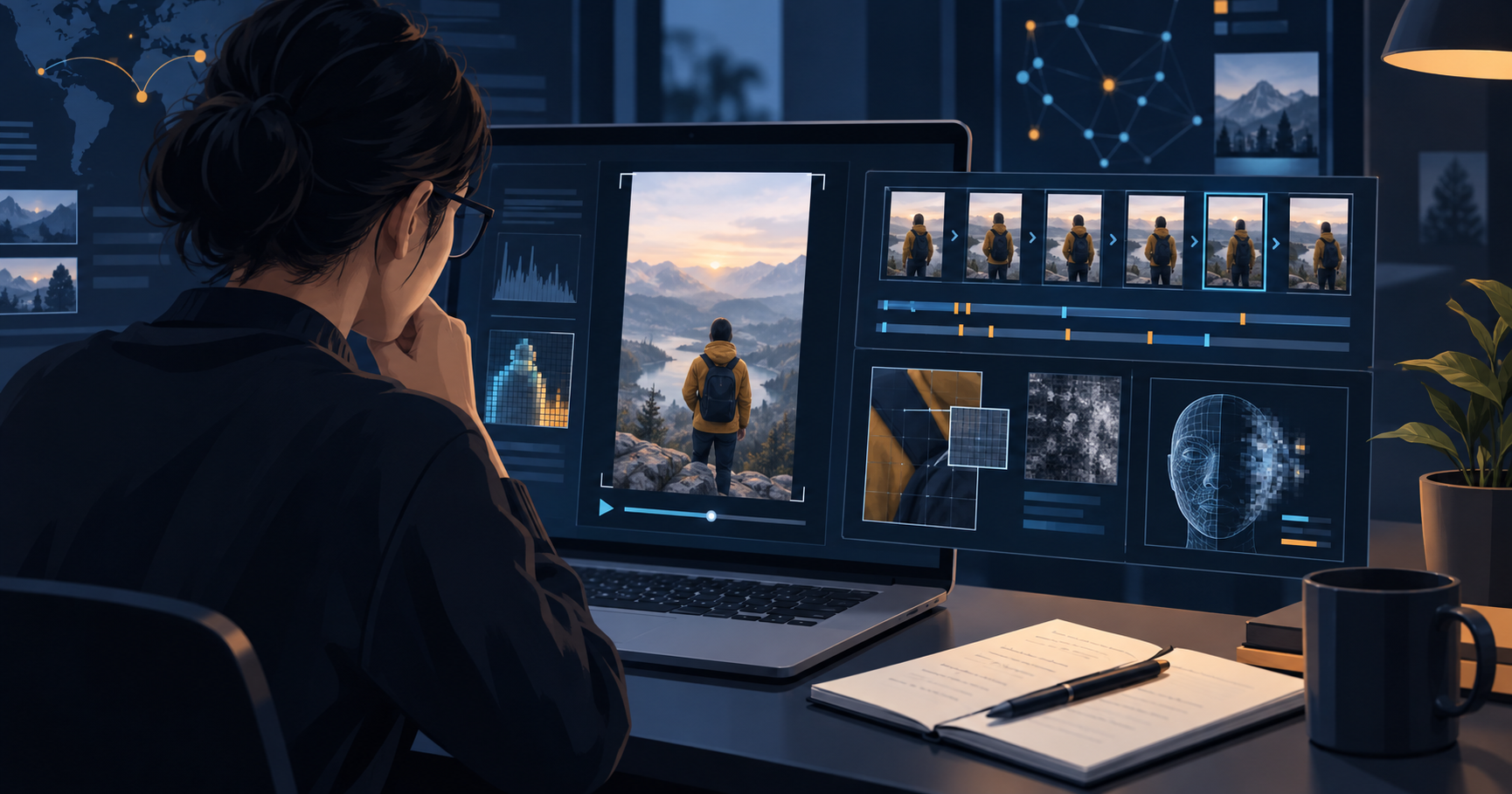 Editorial illustration of a reviewer examining a vertical social video with frame-by-frame evidence panels