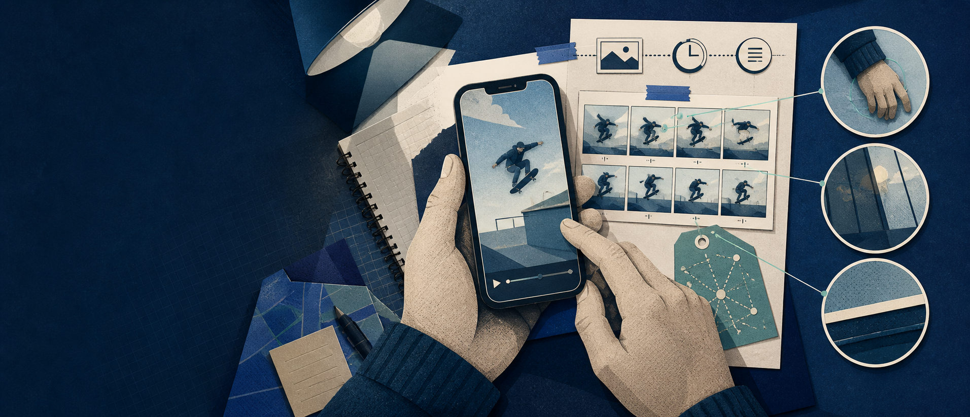 Editorial illustration of a person reviewing a short social-video clip alongside frame-by-frame evidence and source notes