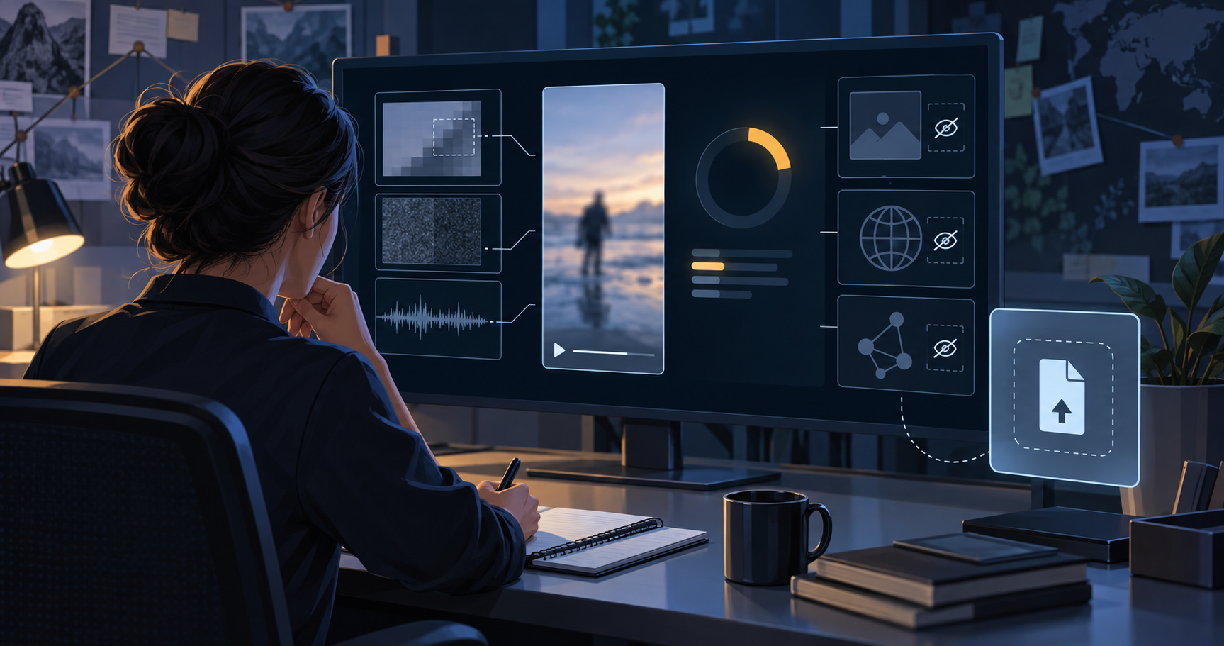 Editorial illustration of a reviewer assessing incomplete video evidence and an original-file upload option