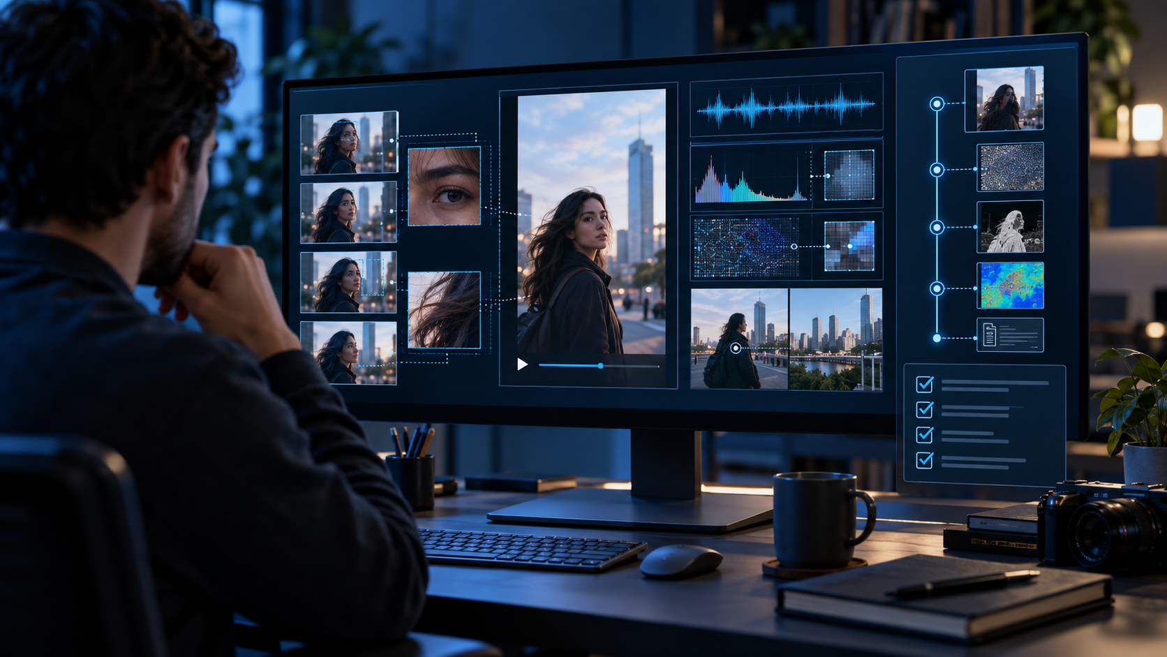 Editorial illustration of a reviewer comparing video frames, provenance clues, and an evidence checklist