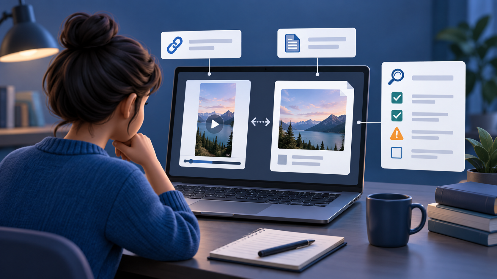 Editorial illustration of a researcher comparing public YouTube video-link signals with an original source file and an evidence checklist