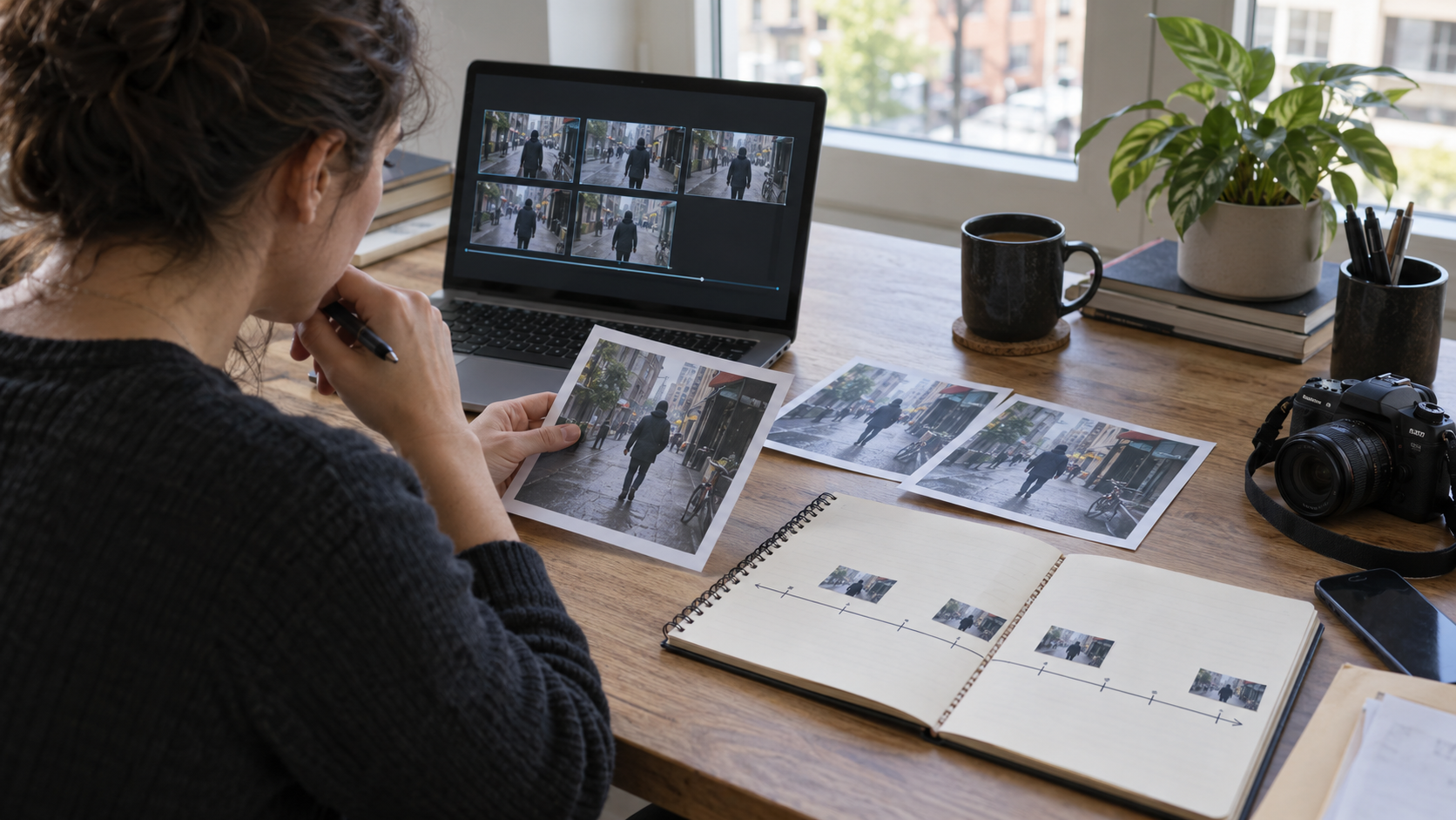 Researcher comparing video keyframes with candidate earlier sources and a chronology notebook