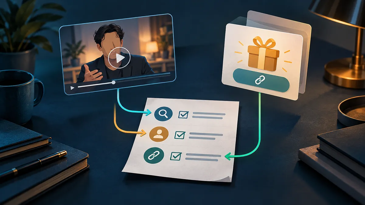 Concept illustration of an anonymous video portrait, a separate offer card and an independent source checklist on a dark editorial desk