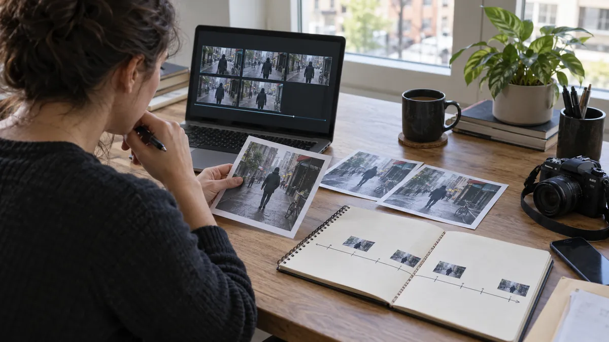 Researcher comparing video keyframes with candidate earlier sources and a chronology notebook