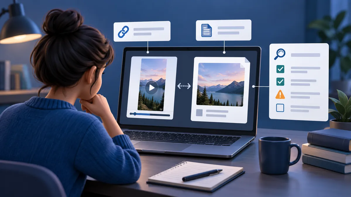 Editorial illustration of a researcher comparing public YouTube video-link signals with an original source file and an evidence checklist